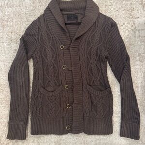 Guess Brown Shawl Collar Cable Knit Cardigan Sweater - Men